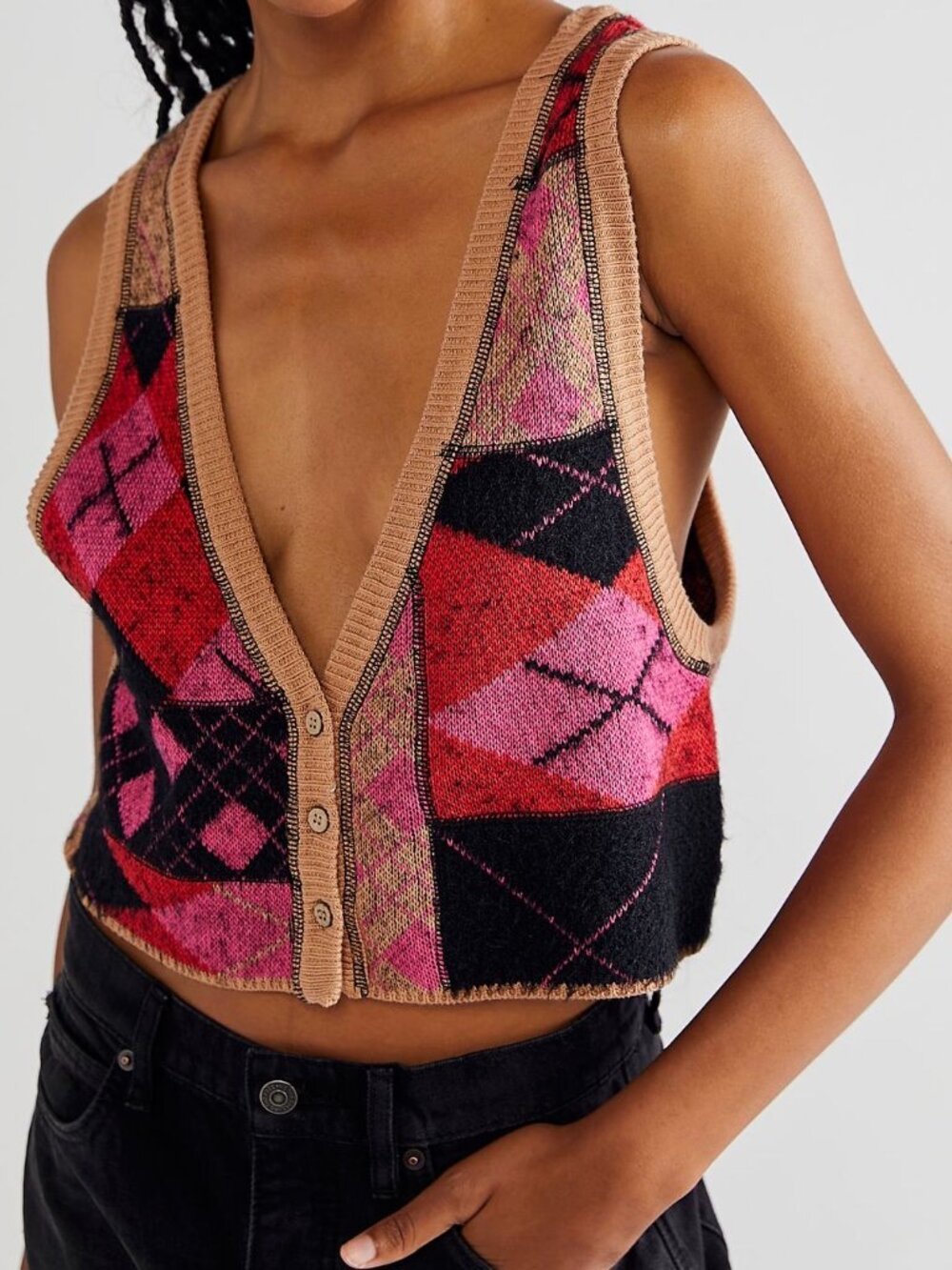 Free People Camilla Argyle Patchwork Knit Vest Size M Camel Glow